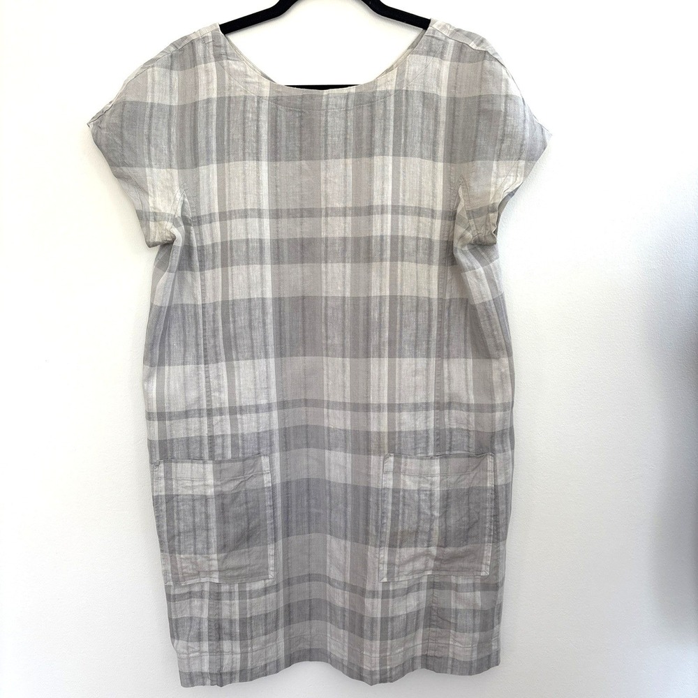 Eileen Fisher Petite Grey Plaid Organic Linen Cotton Shift Dress Pockets PL